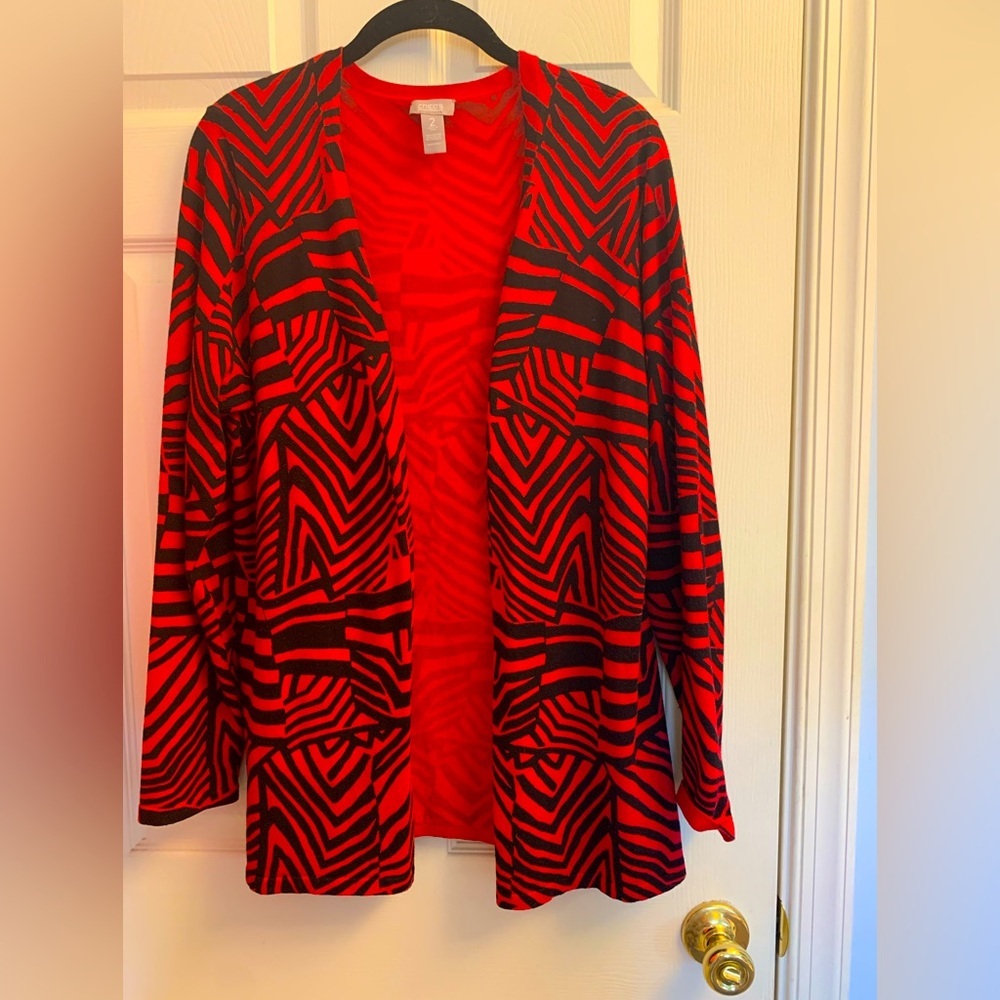 Chico's Red and Black Open Geometric Cardigan